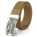 Men's khaki nylon belt featuring a vintage silver buckle with embossed dinosaur design - Antique Silver Buckle - Wolf Brown