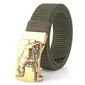 Army green nylon tactical belt for men with golden rhinoceros automatic buckle - Standard Length / Army Green (Antique Bronze Buckle)