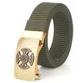 Army green nylon canvas tactical belt with golden Celtic cross metal automatic buckle - Antique Copper Buckle - Army Green