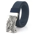 Men's dark blue nylon woven belt with silver vintage dinosaur embossed automatic buckle - Antique Silver Buckle - Royal Blue