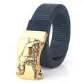 Men's navy blue nylon woven belt featuring a vintage gold rhino buckle detail - Standard Length / Royal Blue (Antique Bronze Buckle)