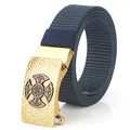 Durable dark blue woven nylon belt with gold Celtic cross buckle and hammered finish - Antique Copper Buckle - Royal Blue