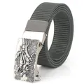 Men's olive green nylon belt featuring an alloy automatic buckle with dinosaur relief - Antique Silver Buckle - Dark Gray