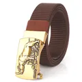 Men's brown nylon canvas belt with a golden automatic buckle featuring rhino relief - Standard Length / Coffee (Antique Bronze Buckle)