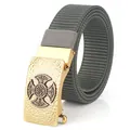 Gray nylon tactical belt for men with a gold rectangular Celtic knot buckle detail - Antique Copper Buckle - Dark Gray