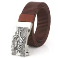 Men's brown nylon woven belt featuring a vintage dinosaur embossed alloy buckle - Antique Silver Buckle - Coffee