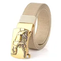 Khaki outdoor nylon belt with golden rhino embossed automatic buckle for men - Standard Length / Khaki (Antique Bronze Buckle)