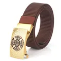 Brown nylon woven belt for men with golden Celtic knot embossed metal buckle - Antique Copper Buckle - Coffee