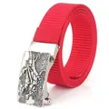 Men's red woven nylon belt with silver alloy automatic buckle featuring dinosaur relief - Antique Silver Buckle - Red