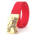 Men's bright red nylon belt with a gold metal rhino buckle on a white background - Standard Length / Red (Bronze Buckle)