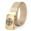Unisex khaki nylon canvas belt featuring an embossed gold-finish metallic buckle - Antique Copper Buckle - Khaki