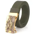 Men's army green nylon belt featuring a vintage gold alloy buckle with dinosaur relief - Antique Copper Buckle - Army Green