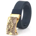 Men's navy nylon braided belt with gold-tone dinosaur relief automatic buckle - Antique Copper Buckle - Royal Blue