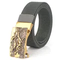 Men's grey nylon woven tactical belt featuring a vintage gold dinosaur embossed buckle - Antique Copper Buckle - Dark Gray