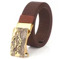 Brown nylon tactical belt for men with golden automatic buckle featuring dinosaur relief - Antique Copper Buckle - Coffee