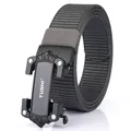 Men's tactical automatic buckle belt with grey nylon strap and embossed lion metal buckle - Black Buckle - Dark Gray