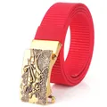 Men's red nylon woven belt with golden automatic buckle featuring dinosaur relief - Antique Copper Buckle - Red