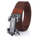 Men's brown nylon web belt with automatic matte black metal buckle and lion relief - Black Buckle - Coffee