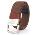 Classic dark brown woven nylon belt with matte metal double D-ring buckle and logo engraving - Brown / 120cm