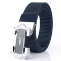Men's navy blue nylon canvas belt with silver zinc alloy automatic buckle and lion emblem - Silver Buckle - Royal Blue