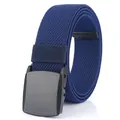 Navy blue elastic woven belt with black YKK matte buckle shown on a white reflective base - 120 / Sapphire Blue