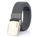 Men's dark grey woven canvas belt with silver brushed metal plaque buckle on white background - Dark Gray