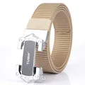 Men's khaki nylon woven belt featuring an automatic silver brushed metal buckle - Silver Buckle - Khaki