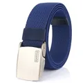 Men's dark blue elastic nylon woven belt with matte finish automatic metal plate buckle - Sapphire Blue