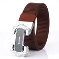Brown woven nylon belt for men featuring a silver automatic metal buckle with TUSHI logo - Silver Buckle - Coffee