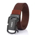 Coffee brown nylon woven belt with black matte automatic metal buckle and red tip accent - 120cm / Black Buckle - Coffee