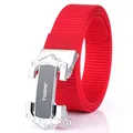 Red woven nylon belt with silver automatic metal buckle and TUSHI logo branding - Silver Buckle - Red