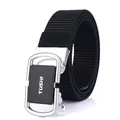 Men's 3.5cm black nylon tactical belt with automatic silver metal buckle and TUSHI logo - 120cm / Silver Buckle - Black