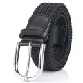 Elastic black woven belt for men and women with polished silver metal pin buckle - 105cm / Black