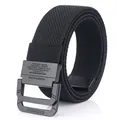 Black nylon tactical belt with double ring metal buckle and textured woven strap - Black