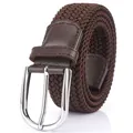 Men's dark brown elastic braided belt with silver metal pin buckle and leather detail - 105cm / Brown