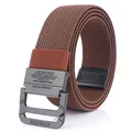Elastic canvas belt with double D-ring metal buckle and premium leather wrapped tip - Brown