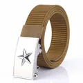 Men's khaki nylon tactical belt with a polished silver star buckle design - Chrome Buckle - Wolf Brown
