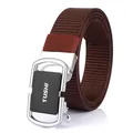 Dark brown nylon braided belt with silver and black matte automatic buckle for men - 120cm / Silver Buckle-Coffee