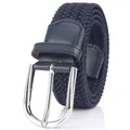 Elastic navy blue woven belt for men and women featuring a polished silver metal pin buckle - 105cm / Deep Royal Blue