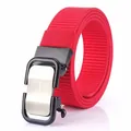 Red nylon woven belt for men featuring a black matte automatic buckle with silver inlay - 120cm / Silver Buckle - Red