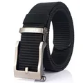 Men's outdoor nylon belt with black woven strap and zinc alloy buckle on white background - Silver Buckle - Black
