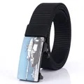 Men's black nylon tactical canvas belt with automatic metal buckle and tank pattern - Black - 14 / 120cm