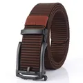 Men's dark brown nylon woven belt with black matte automatic buckle and red accent - Brown / 120cm