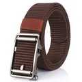 Men's coffee brown nylon belt with a matte gun-gray automatic metal buckle on white background - Coffee Nylon Strap With Silver Buckle