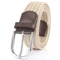 Elastic woven khaki belt with dark brown leather details and silver pin buckle - 105cm / Khaki
