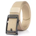 Men's khaki nylon tactical belt with black automatic buckle on white reflective background - Black Buckle - Khaki / 120cm