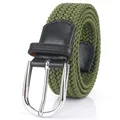Elastic braided belt in olive green with silver pin buckle and black leather trim - 105cm / Army Green
