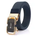 Men's dark blue nylon woven belt with gold automatic alloy buckle and wolf logo - Gold Buckle / Sapphire Blue