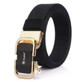 Men's black nylon canvas belt with a polished gold automatic buckle featuring TUSHI logo - Gold Buckle / Black