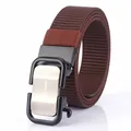 Men's dark brown nylon canvas belt with a brushed metal automatic buckle and logo - 120cm / Silver Buckle - Coffee